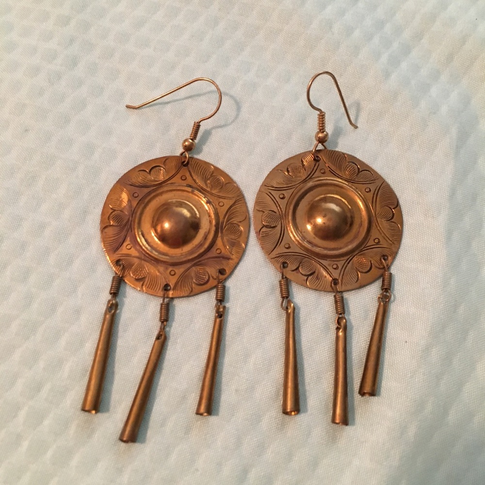 Vintage Copper Round Etched Boho Jingle Earrings